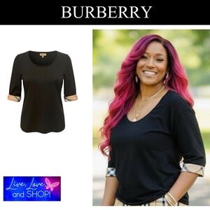 BURBERRY Black with 3/4 Check Cuff, Scoop Neck & Stretch-Cotton Top, EUC